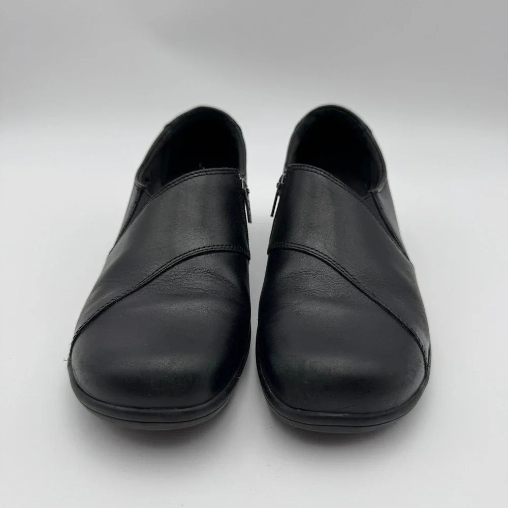 Clarks Bendables Black Leather Slip On Loafers Side Zip Wedge Shoes Women 10M